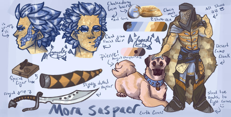 fullbody, two headshots, two items, chibi icon. large animal companion and design fee 113 USD